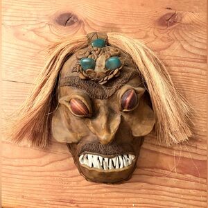 Artisan Carved Shaman Mask w/ Quartz Crystal & Tiger’s Eye Inlay